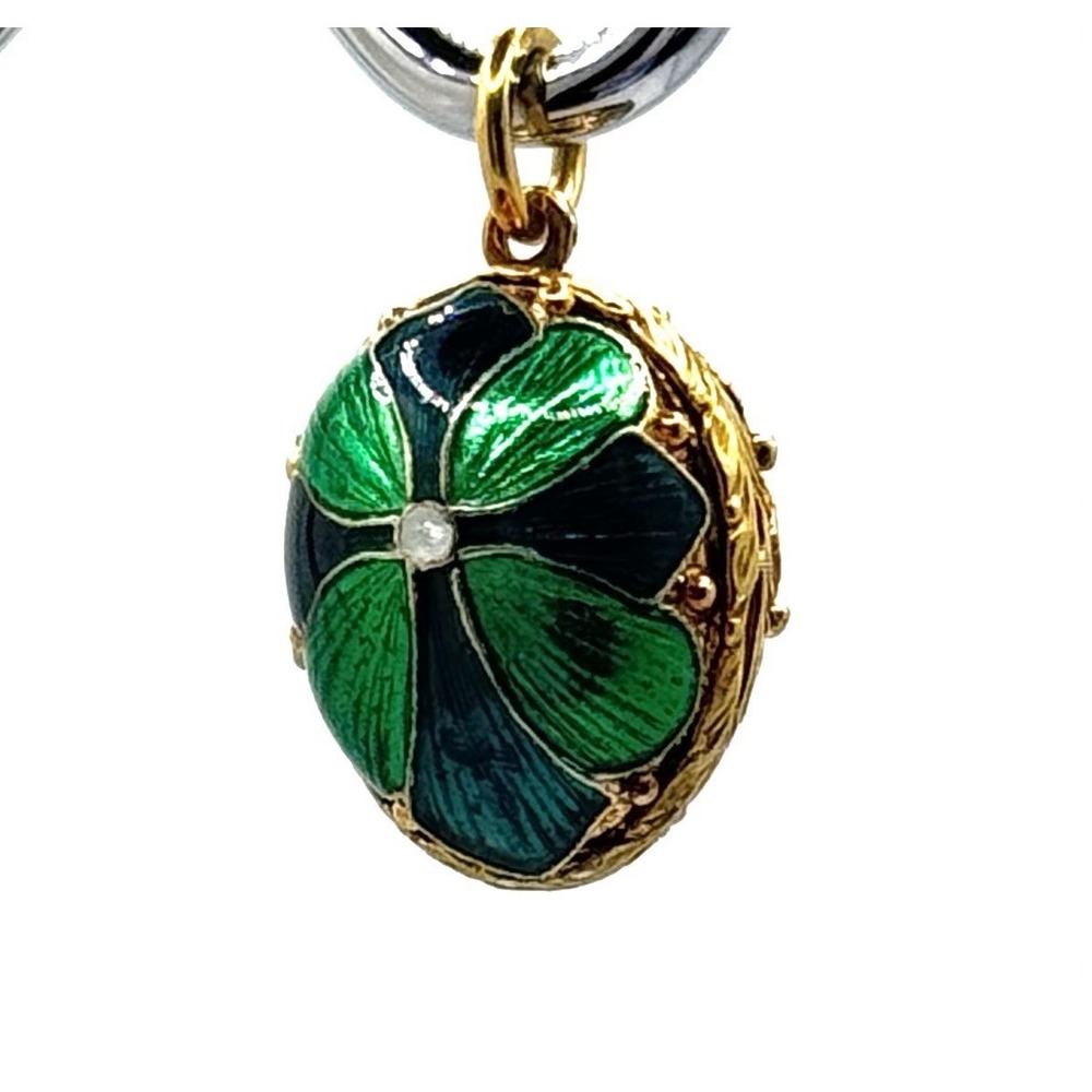 Green Enamel Hinged Egg Pendant Locket Angel Charm Flower 4 Leaf Clover Vtg